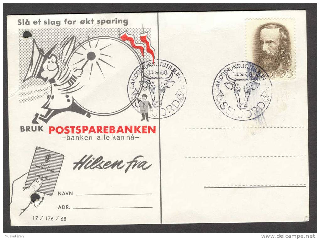 Norway Landbruksutstillingen SELJORD Cancel Card 1969 Bruk POSTSPAREBANKEN Commercial Cachet Aasmund Olavsson Vinje - Brieven En Documenten