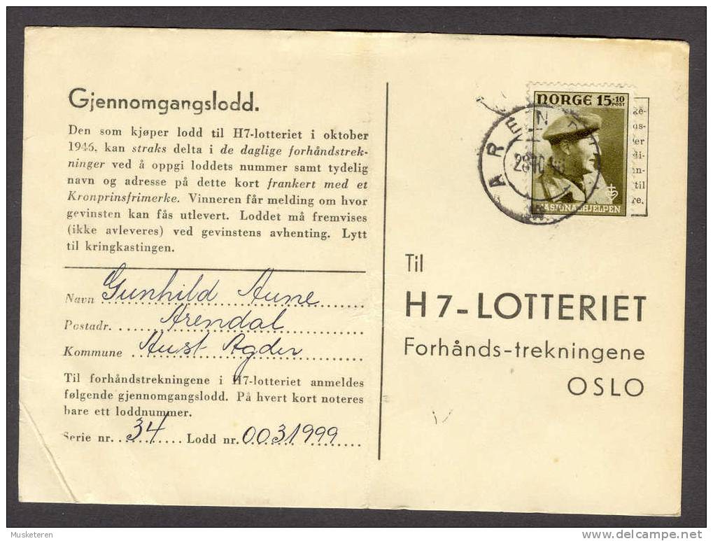 Norway Mi. 311 National Help Hilfe Kronprinz Crownprince Olaf In Uniform On ARENDAL 1946 Cancel H7-Lottery Card - Brieven En Documenten