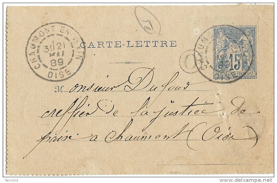 REF LMM8 - FRANCE CL SAGE 15c CHAUMONT EN VEXIN POUR RAYON 21/5/1889 - Cartoline-lettere