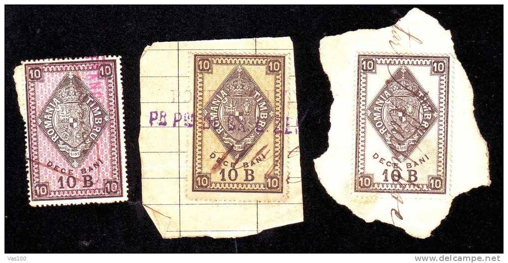 Romania  1875-90 Revenue Stamp 10 Bani 3 Diff Color! - Fiscale Zegels