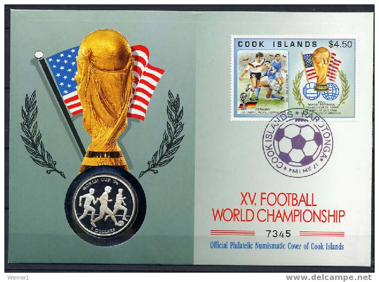 Cook Islands 1994 Football Soccer World Cup Numismatic Cover With 5 $ Silver Coin. - 1994 – USA