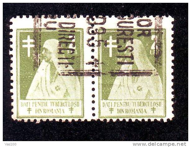 Romania  1928 Revenue Stamp For Social Support TUBERCULOSIS Quen  Maria 2lei In Pair Special Cancell - Fiscales