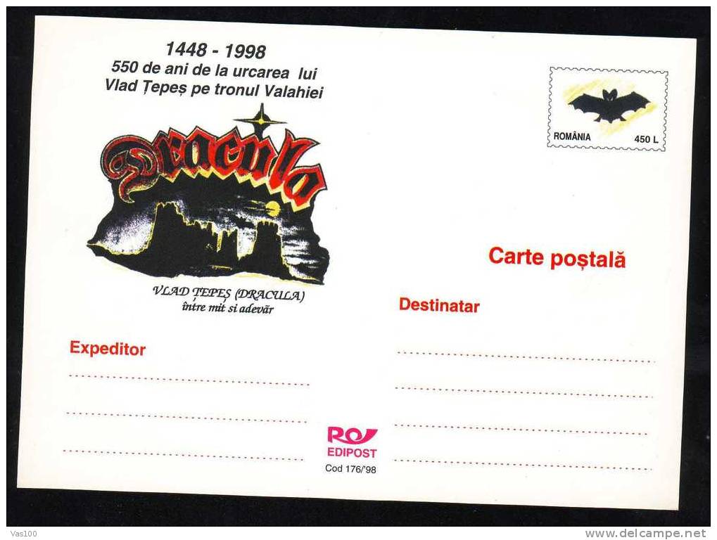 Postcard + Imprinted Postage - Bats + Bats Special DRACULA On Card 1998 Romania. - Chauve-souris