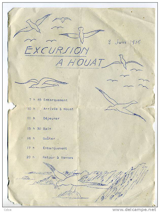 Plan Excursion à L île D´Houat 8 Juin 1936 - Non Classés