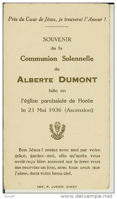 Faire-parts De Communion De FLOREE " De Alberte Dumont " De 1936 Imprimé à Ciney . - Other & Unclassified