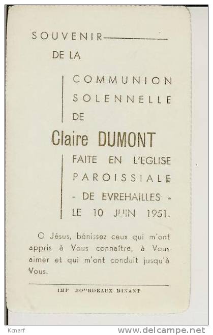Faire-parts De Communion De EVREHAILLES " De Claire Dumont " De 1951 Imprimé à Dinant . - Other & Unclassified