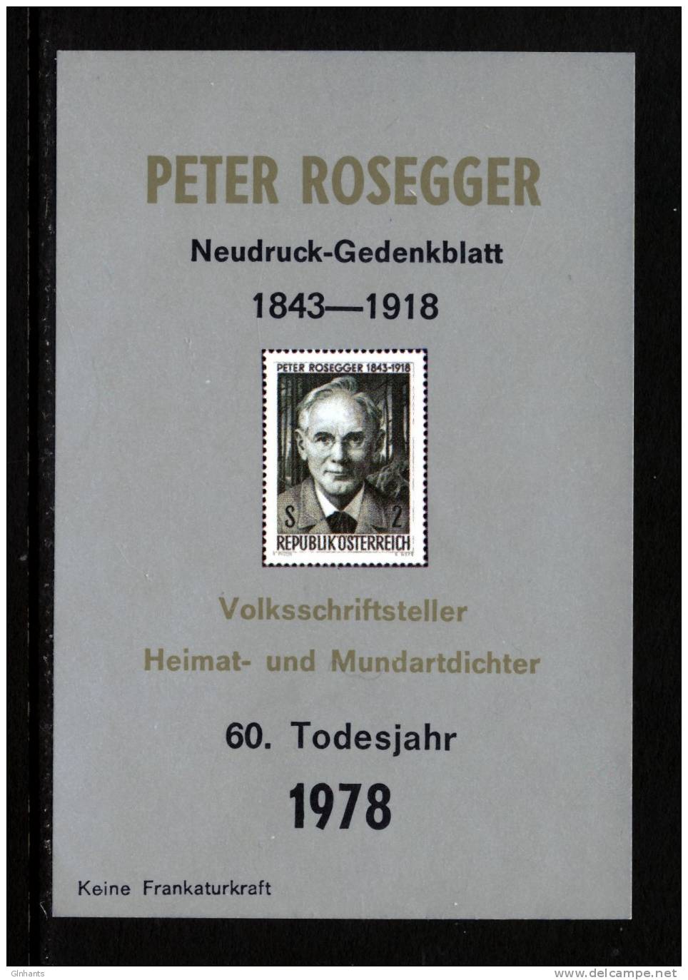 AUSTRIA - 1978 PETER ROSEGGER POET 60th DEATH ANNIVERSARY IN MEMORIUM REPRINT ESSAY - Essais & Réimpressions