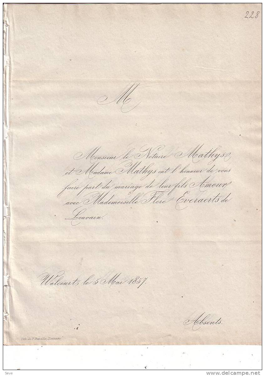 WALCOURT LEUVEN LOUVAIN Mariage 1857 2 Faire-parts échangés MATHYS Fils Notaire Et Flore EVERAERTS - Other & Unclassified