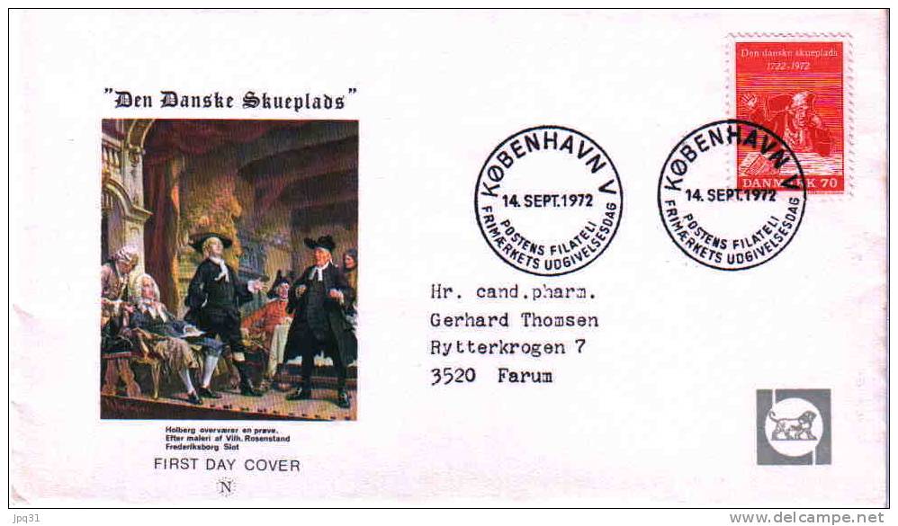 Enveloppe 1er Jour Danemark No 539 - 250 ème Ann. Du Théatre Danois - Copenhague 14/09/72 - Theatre