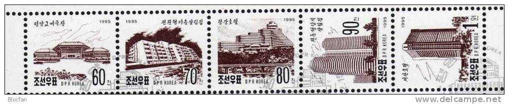 Gebäude Pjöngjang 1995 Korea 3789/3,5-Streifen+Kleinbogen O 65€ Hotel Zirkus Bloc Hoja M/s Architectur Sheetlet Bf Coree - Corée Du Nord