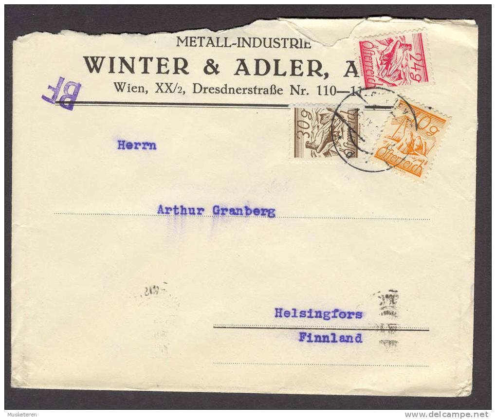 Austria Metall-Industrie Winther & Adler A.G. Wien 1926 Cover To Helsingfors Finnland Purple BF Cancel !! - Briefe U. Dokumente