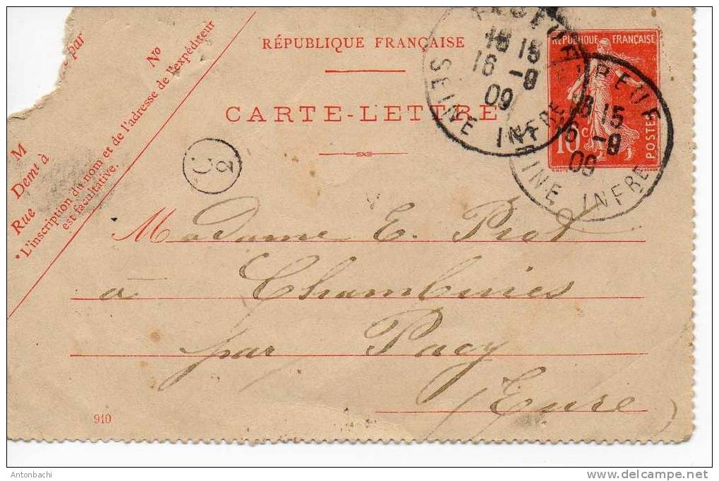 FRANCE - CARTE LETTRE - SEMEUSE YT 138-E4- 1909- OBLITERATION C2 - ELBEUF - Kaartbrieven