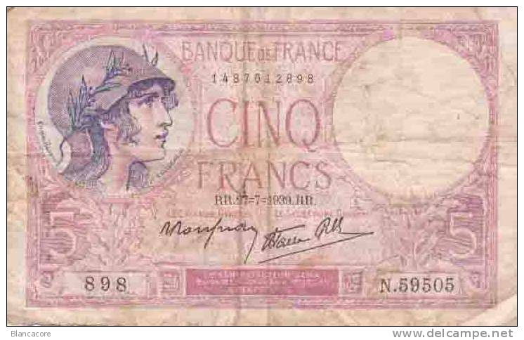 BILLET 5 FRANCS BANQUE DE FRANCE 1937 - 5 F 1917-1940 ''Violet''