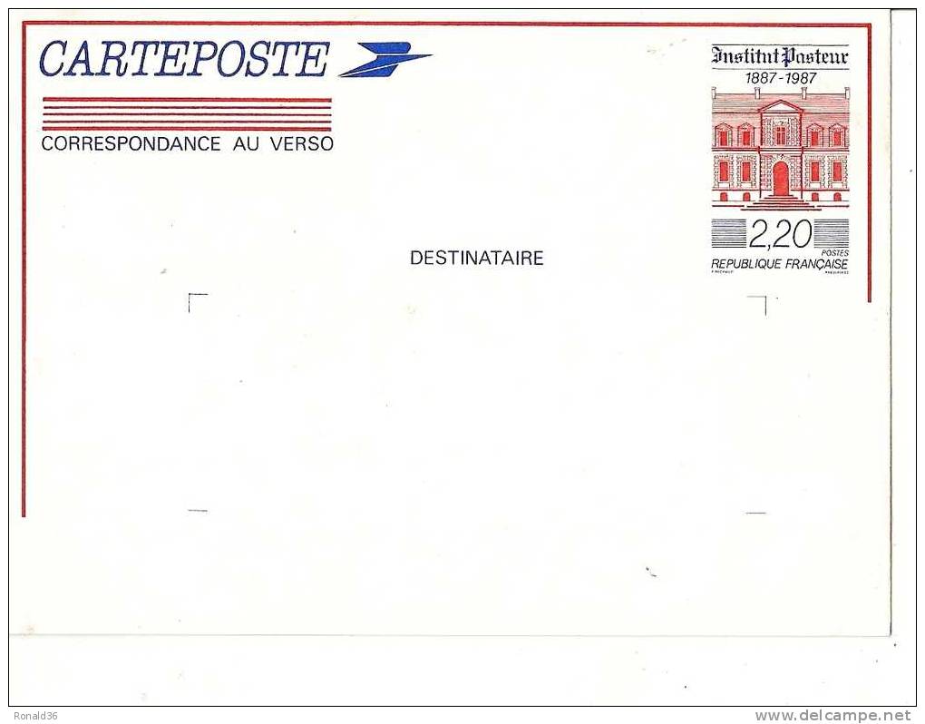 Carteposte  Institut Pasteur 1887.1987  2.20f - Standard Postcards & Stamped On Demand (before 1995)