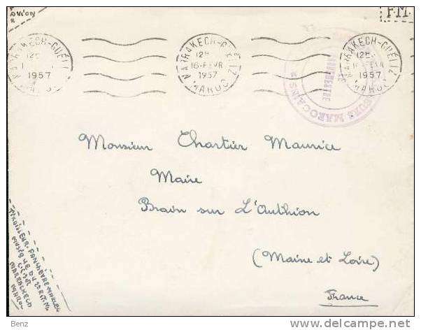 MAROC LETTRE FM MARRAKECH GUELIZ 16/02/1957+ CACHET 2EME REGIMENT TIRAILLEURS MAROCAINS TB - Cartas & Documentos