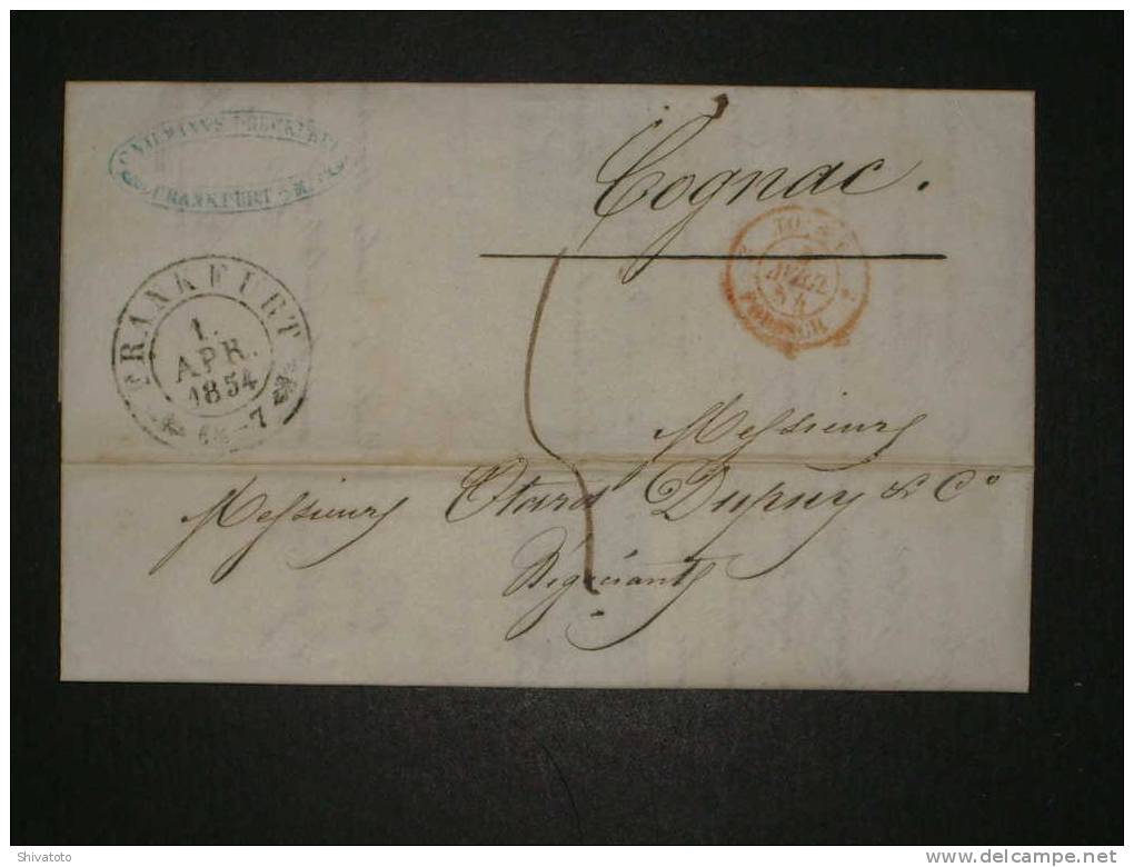 (978) Stampless Cover From Frankfurt To Cognac 1854  Via Tourt Forbach Taxed 6-1/2 – 7 - Prephilately