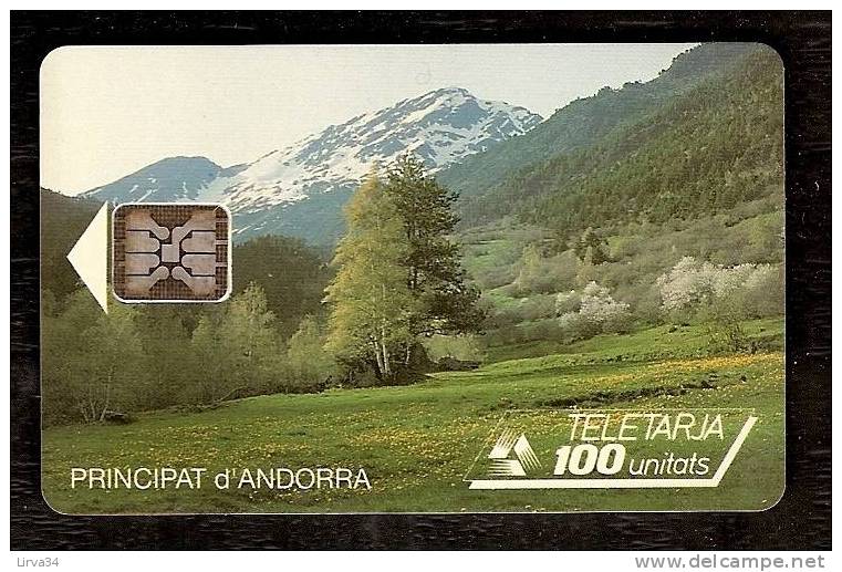 TÉLÉCARTE D 'ANDORRE  100 UNITÉS-  N° 13A  - UTILISÉE - FOND JAUNÂTRE ! - Andorra