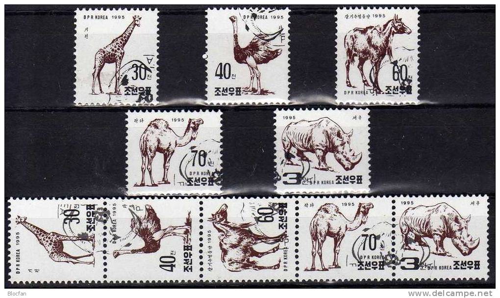 Tiere Afrika Im Zoo 1995 KVDR 3779/3+5-ZD-Streifen O 7€ Mähnenspringer Giraffe Strauß Dromedar Fauna Se-tenants Bf Corea - Game