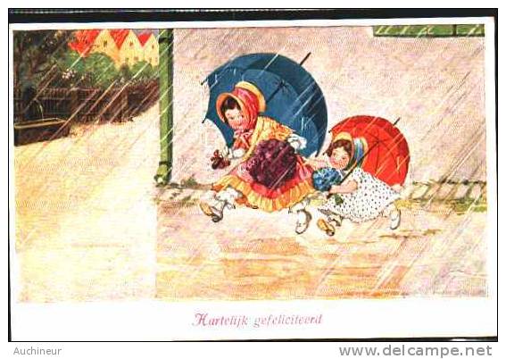 Hartelijk Gefeliciteerd - 2 Personnages Avec Parapluie Sous La Pluie (WB+SS) - 1900-1949