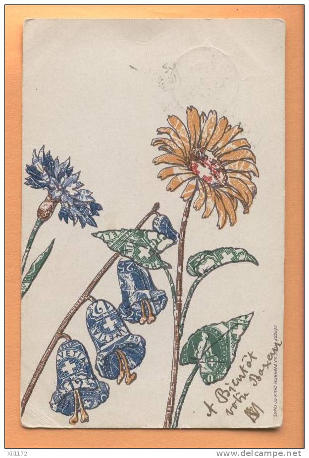 F119 Litho Fleurs Marguerites, Clochettes Et Bleuets Avec Timbres Suisses Dessinés. Cachet Gryon 1907 - Gryon