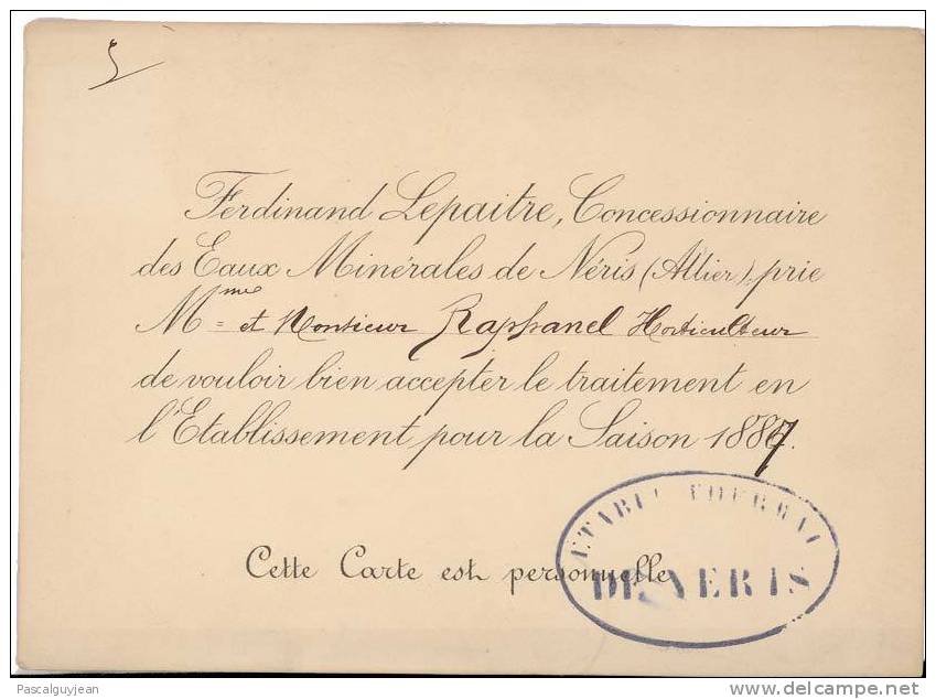 CARTE 1887 ETABLISSEMENT THERMAL DE NERIS ALLIER - Other & Unclassified