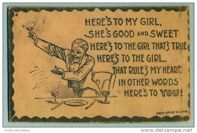 Here´s To My Girl Man Toasting With Wine Glass Antique 1906 Leather Postcard (R-56 - Other & Unclassified