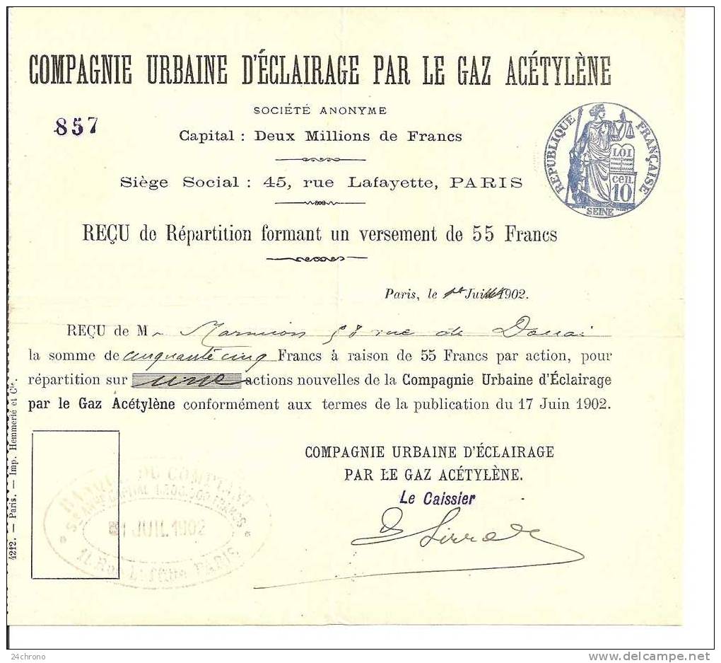 Compagnie Urbaine D´ Eclairage Par Le Gaz Acetylene: Reçu De Repartition Pour Une Action (09-1162) - Elettricità & Gas