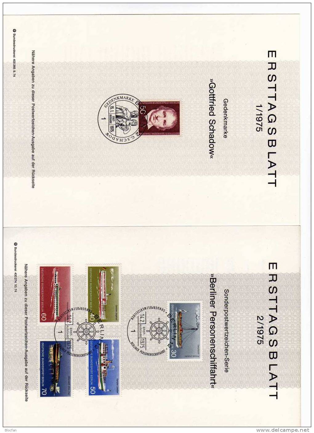 ETB I. Quartal 1975 Schadow, Schiffe Berlin 482-487 SST 4€ First Day Document From Germany - Lettres & Documents