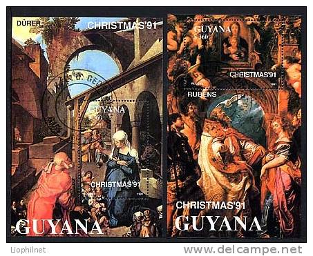 GUYANA 1991, NOEL, TABLEAUX DURER Et RUBENS, 2 Blocs Oblitérés. R722 - Religion