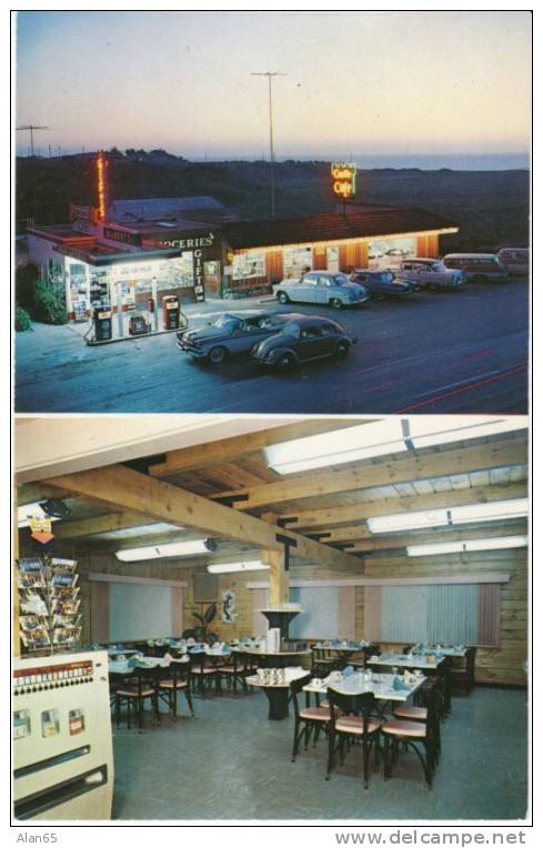 1950s Autos, Gas Station, Cigarette Machine, Postcards For Sale, Cambria CA Coast Highway 1 On Chrome Postcard - Rutas Americanas