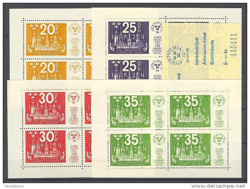 Sweden Mi. 866-89 Miniature Sheets + Ticket STOKHOLMIA '74 Stamp Exhibition MNH - Unused Stamps