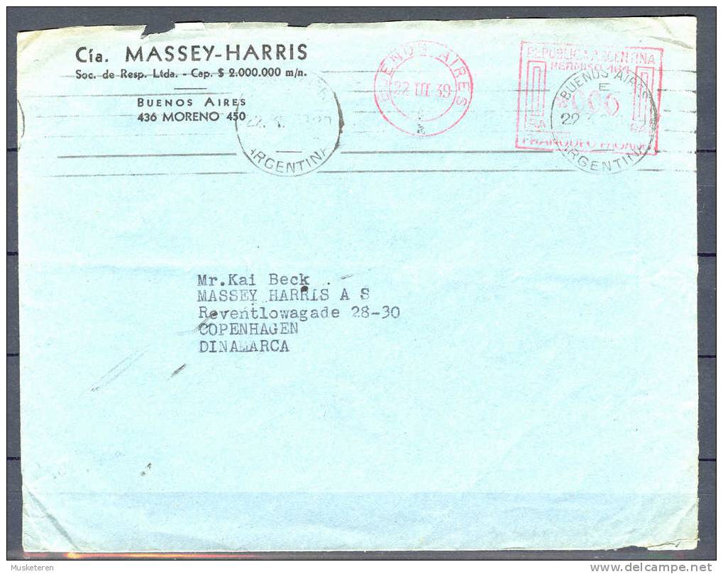 Argentina Cia. MASSEY-HARRIS Buenos Aires Meter Stamp Cover 1939 To Copenhagen Dinamarca Denmark - Storia Postale