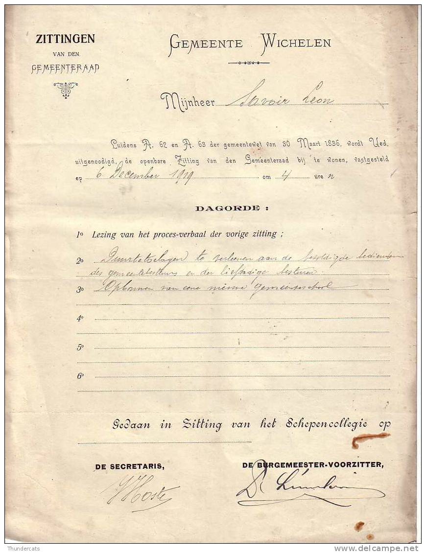 ZELDZAAM !!! GEMEENTE WICHELEN GEMEENTERAAD OUDE BRIEF VAN BURGEMEESTER AAN DOKTER GOUVERNEUR LEON SAVOIR 1919 - Wichelen