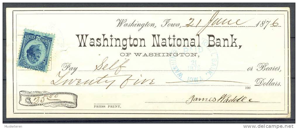 United States US Internal Revenue Washington National Bank Check 1876 - Fiscal