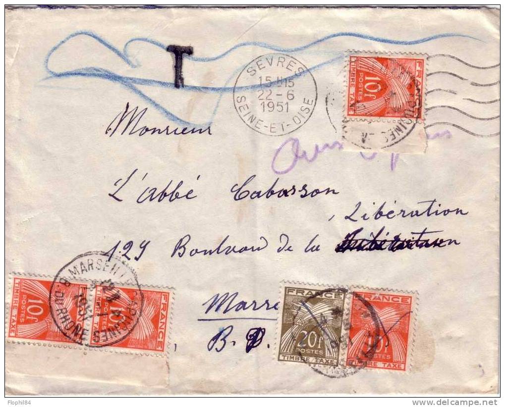 TAXE-GERBE-5 TIMBRES TAXE DU 22-6-1951 - 1859-1959 Brieven & Documenten