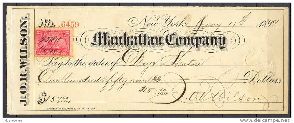 United States US Documentary J.O.R. Wilson Manhattan Company Check 1899 - Fiscali