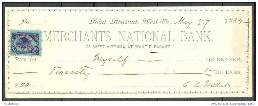 United States US Internal Revenue Merchants National Bank Check 1882 - Fiscaux