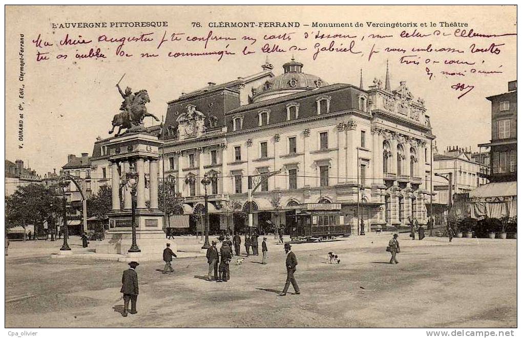 63 CLERMONT FERRAND Theatre, Statue De Vercingétorix, Tramway, Ed Durand 76, Auvergne Pittoresque, 1904, Dos 1900 - Clermont Ferrand