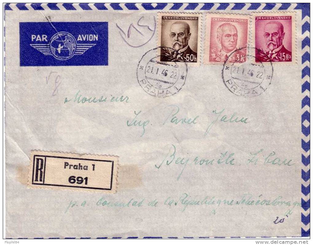 TCHECOSLOVAQUIE-PRAHA 21-1-1946 POUR BEYROUTH LIBAN - Poststempel (Marcophilie)