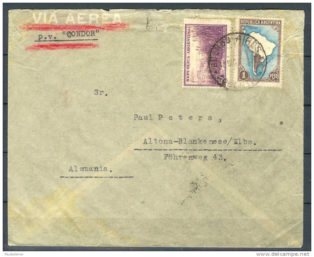 Argentina Via Aerea Via Condor Zeppelin Buenos Aires Cancel 1937 Cover Brief Germany Alemania Map - Luftpost
