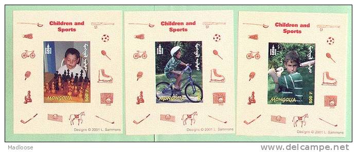 Mongolia 2001 Children & Sports 3v Deluxe Sheets - Other & Unclassified