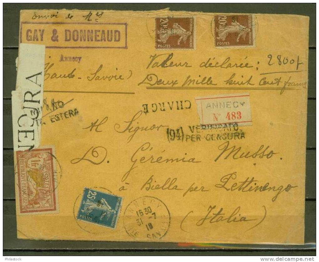 FRANCE N° 121, 139 X 2 & 140 Obl. S/Lettre Entiére Chargée Censurée Pour L'Italie 1918 - Briefe U. Dokumente