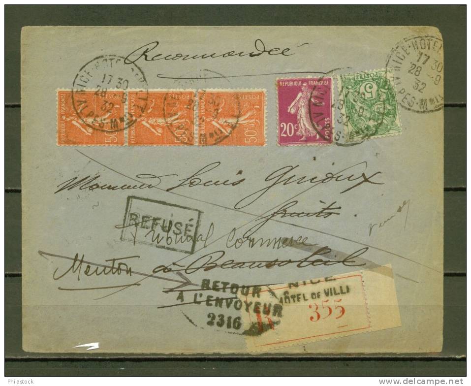 FRANCE N° 111, 190, 199 X3 Obl. S/Lettre Entiére Rec. Refusée - Briefe U. Dokumente