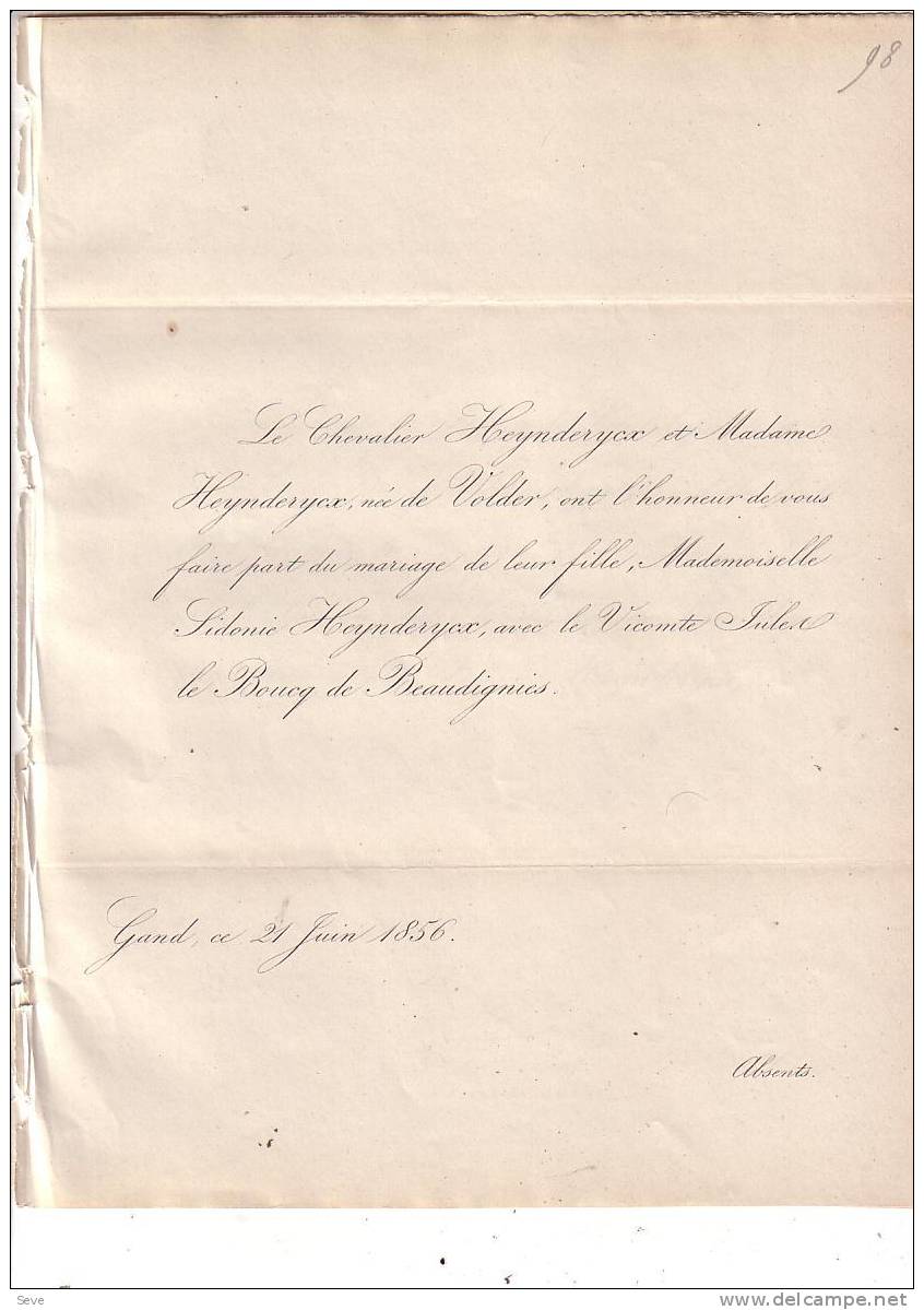 GAND 1856 Faire-part Mariage HEYNDERYCX Et Le BOUCQ De BEAUDIGNIES Les 2 Faire-parts échangés - Other & Unclassified