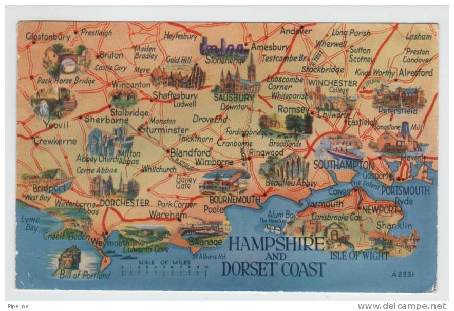 Great Britain Postcard MAP HAMPSHIRE & DORSET COAST Sent To Denmark 5-9-1967 - Sonstige & Ohne Zuordnung