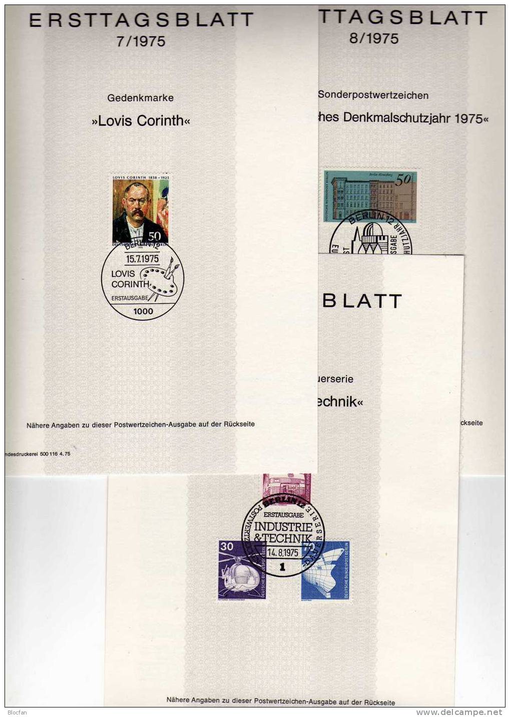 ETB III. Quartal 1975 Denkmalschutz Corinth Technik Berlin 495-509 SST 4€ Berliner Ersttagsblatt Document From Germany - Briefe U. Dokumente