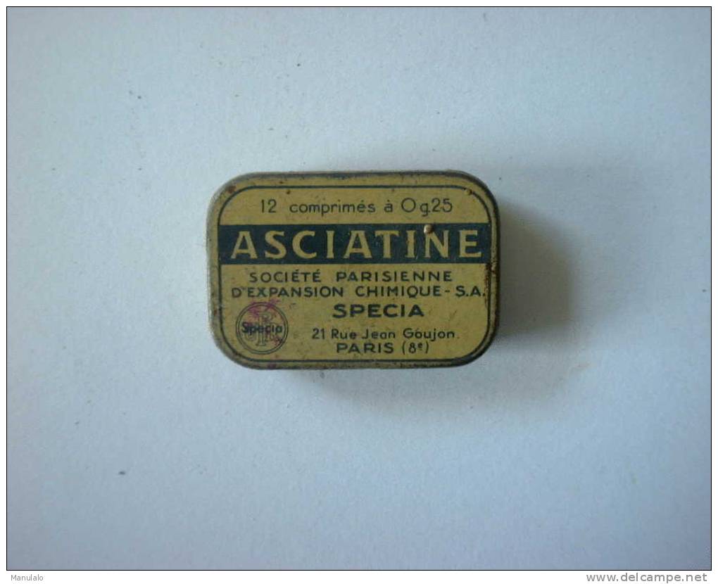 Boite En Fer Medicament Asciatine 12 Comprimés à 0g.25 - Société Parisienne D´expansion Chimique - S.A. Specia - Autres & Non Classés