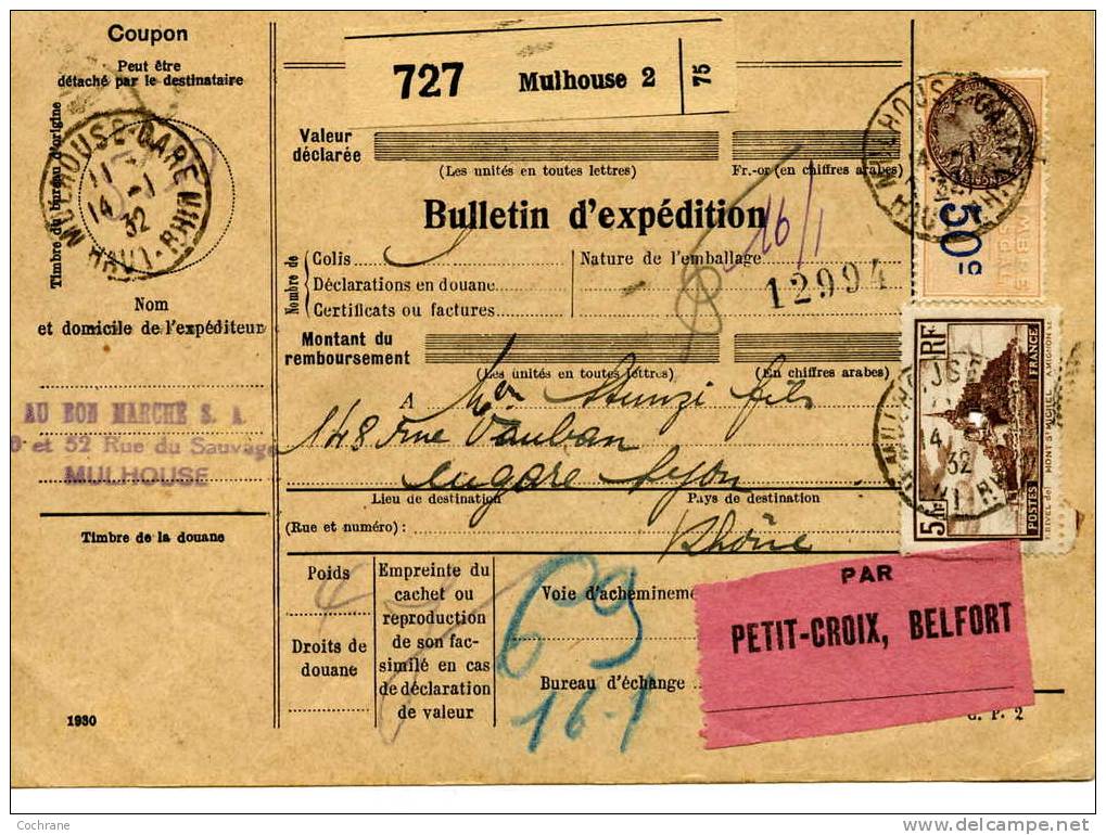 Bulletin D'expédition D'un Colis Postal De 4kg De Mulhouse Pour Lyon Du 14.01.1932 - Other & Unclassified