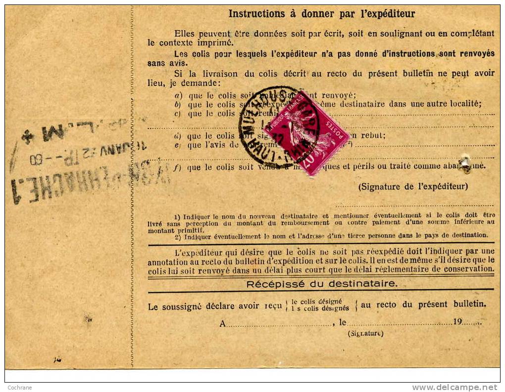 Bulletin D'expédition D'un Colis Postal De 4kg De Mulhouse Pour Lyon Du 14.01.1932 - Other & Unclassified