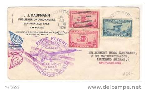 First Flight Beaumont/Texas - Houston - New Orleans Jan.23,1929 To Lucerne/Swiss - 1c. 1918-1940 Cartas & Documentos